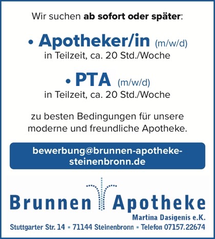 Stellenanzeige je für eine 20h-Teilzeitstelle als Apotheker oder PTA (je m/w/d)
